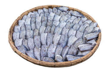 Snakeskin Gourami fishes in basket isolated on white background.