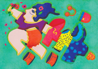 Woman coming out of winter into spring, undressing