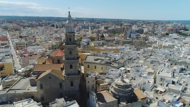 Old Church in Monopoly and blue sea coastline in Italy Drone flight 4k