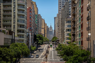 Downtown Sao Paulo view from elevated highway known as Minhocao (Elevado Presidente Joao Goulart) with old Banespa (Altino Arantes) on background - Sao Paulo, Brazil