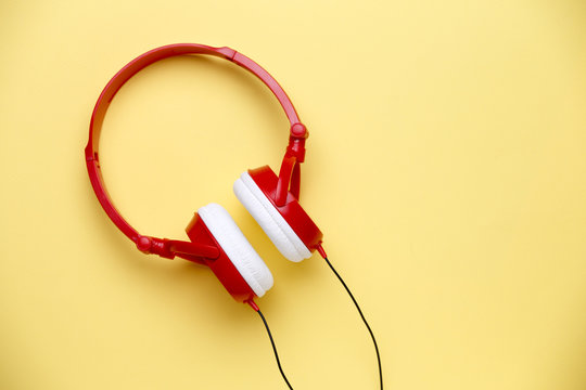 Image of red with white headphones for music