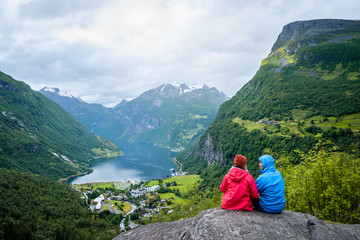 Fototapeta na wymiar View of the tourist village Geiranger, Norway