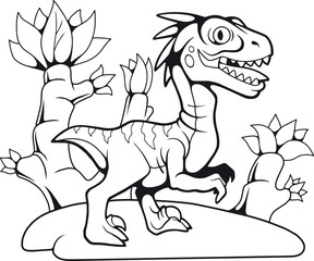 cartoon funny prehistoric velociraptor, contour drawing, coloring book
