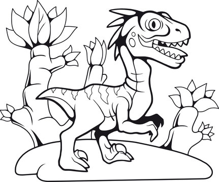 cartoon funny prehistoric velociraptor, contour drawing, coloring book
