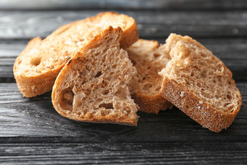 Toasted bread on wooden table