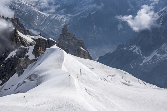 Looking down into the valley where the confluence of the Leschaux and Geant Glaciers feed the Mer de Glace, Chamonix, Haute Savoie, Rhone Alpes, France