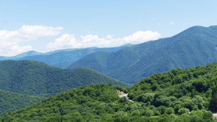 Obraz premium Mountain landscape panorama. Green vegetation on the slopes, snow on the peaks.