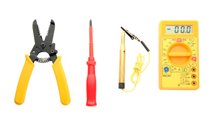 Different electrical tools on white background, top view