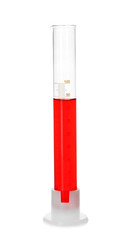 Test tube with red liquid on white background