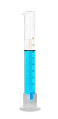 Test tube with blue liquid on white background