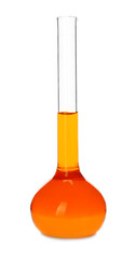 Flask with orange liquid on white background