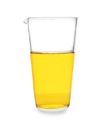 Beaker with yellow liquid on white background
