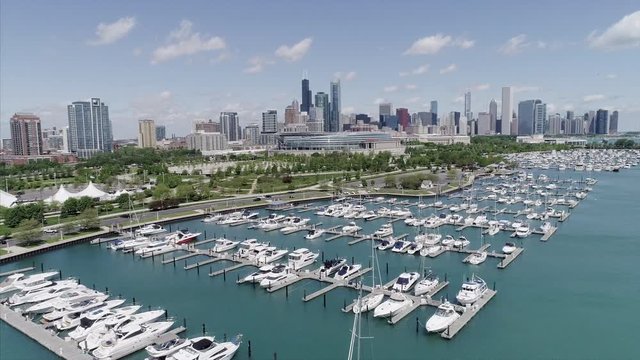 Aerial of Burnham Harbor with the Chicago Skyline