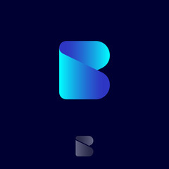 B monogram logo. Origami logo. Blue ribbon letter on a dark background. Monochrome option.