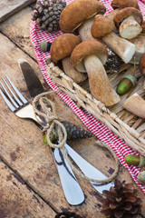 Raw white mushrooms, pine cones with dry decorations and silverware