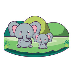 cute elephants in the grass over white background, vector illustration