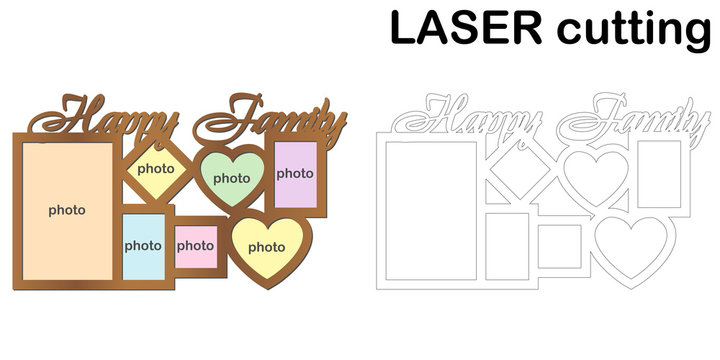 Frame for photos with inscription 'Happy Family' for laser cutting. Collage of photo frames. Template laser cutting machine for wood and metal