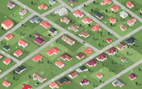 Suburbia with red roofs connected and sharing files 
