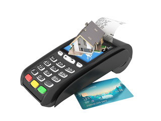 Concept of purchase or payment for housing House located on the POS terminal isolated on white background 3d without shadow