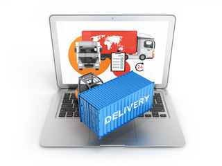 Delivery concept Cargo container with a forklift placed on a laptop isolated on white background 3d