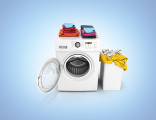 Concept of washing clothes Washing machine with an open door colored towels and washing basket with dirty clothes isolated on blue gradient background 3d render