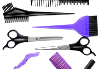 Professional hairdresser's set on white background, top view