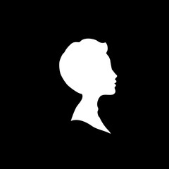 White profile silhouette of young boy or man head, face profile, vignette.