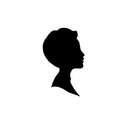 Black profile silhouette of young boy or man head, face profile, vignette.