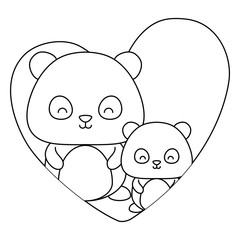heart with cute panda bears over white background, vector illustration