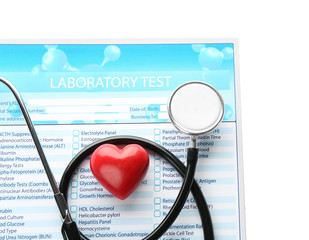 Medical stethoscope, laboratory test and heart on white background. Health care concept