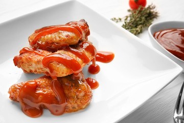 Roasted chicken with barbecue sauce on plate, closeup