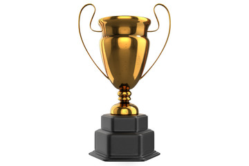 3d rendering of the golden trophy with reflection, isolated on white background with clipping paths.