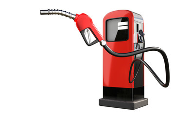 3d rendering of a red gas pistol with gasoline dispenser pumps isolated on white background with clipping paths. - obrazy, fototapety, plakaty