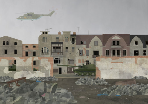 War helicopter flying over the bombed destroyed city