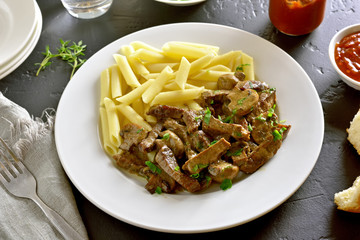 Beef stroganoff with mushrooms and pasta