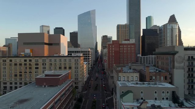 Houston Downtown Aerial Push During Sunset