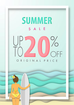 Summer sale background ,twenty percent off, beautiful beach paper art style with frame vector illustration template