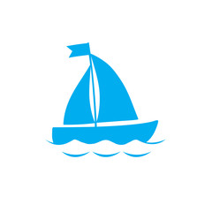 blue silhouette of sailing ship icon on white background.