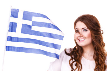 Obraz premium Woman with greek waving flag, on white