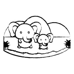 cute elephants in the grass over white background, vector illustration