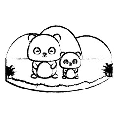 cute panda bears in the grass over white background, vector illustration