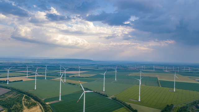 aerial view of wind turbines field energy industrial landscape
