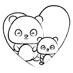 heart with cute panda bears over white background, vector illustration