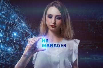 The concept of business, technology, the Internet and the network. A young entrepreneur working on a virtual screen of the future and sees the inscription: HR manager