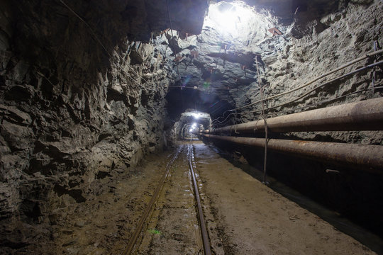 Underground old ore gold mine tunnel shaft passage mining technology with rails