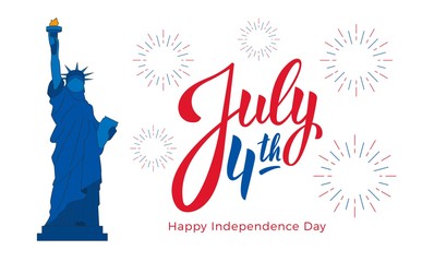 July 4th, USA Independence Day celebration. Banner with lettering, Statue of Liberty and fireworks