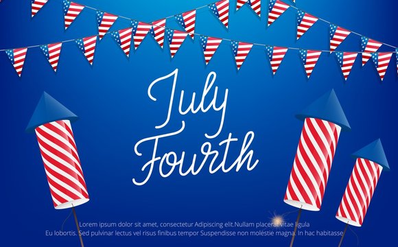 July Fourth, USA Independence Day celebration. Banner with lettering, buntings and fireworks