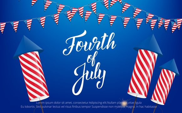Fourth of July, USA Independence Day celebration. Banner with lettering, buntings and fireworks