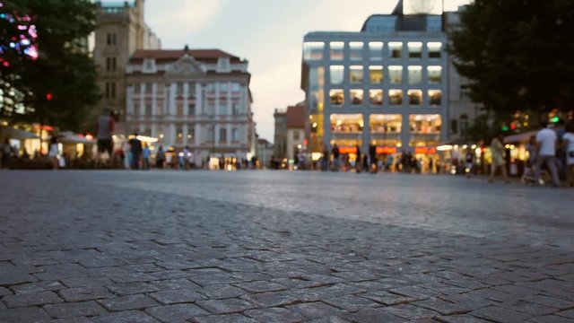 Blurred and  Busy Pedestrians in Squar, shop Street At Evening. Prague, Wenceslaus square