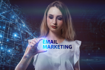 The concept of business, technology, the Internet and the network. A young entrepreneur working on a virtual screen of the future and sees the inscription: Email marketing